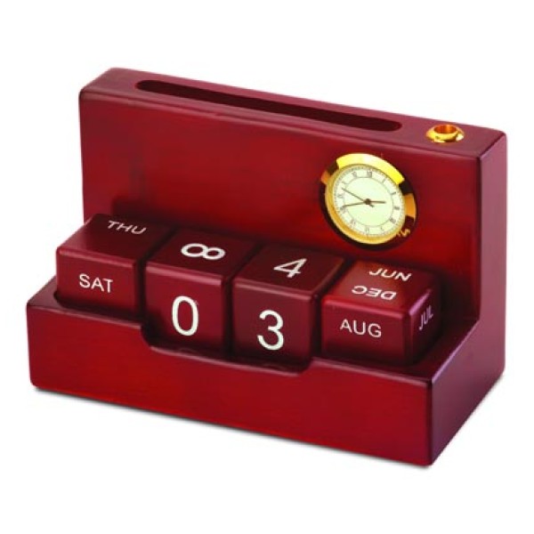 Wooden Table Calendar  with clock and pen stand