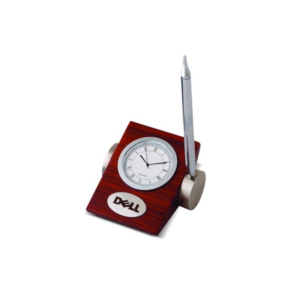 TABLE CLOCK WITH WOODEN BASE AND PEN