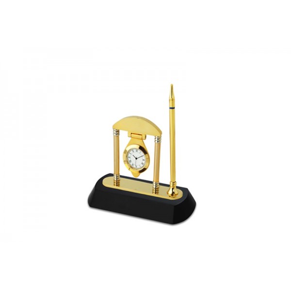 TABLE CLOCK WITH PEN GOLD FINISH 