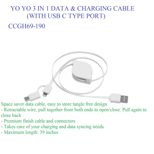 YO YO 3 IN 1 DATA & CHARGING CABLE (WITH USB C TYPE PORT)