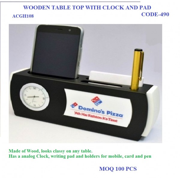 WOODEN TABLE TOP WITH CLOCK AND PAD 